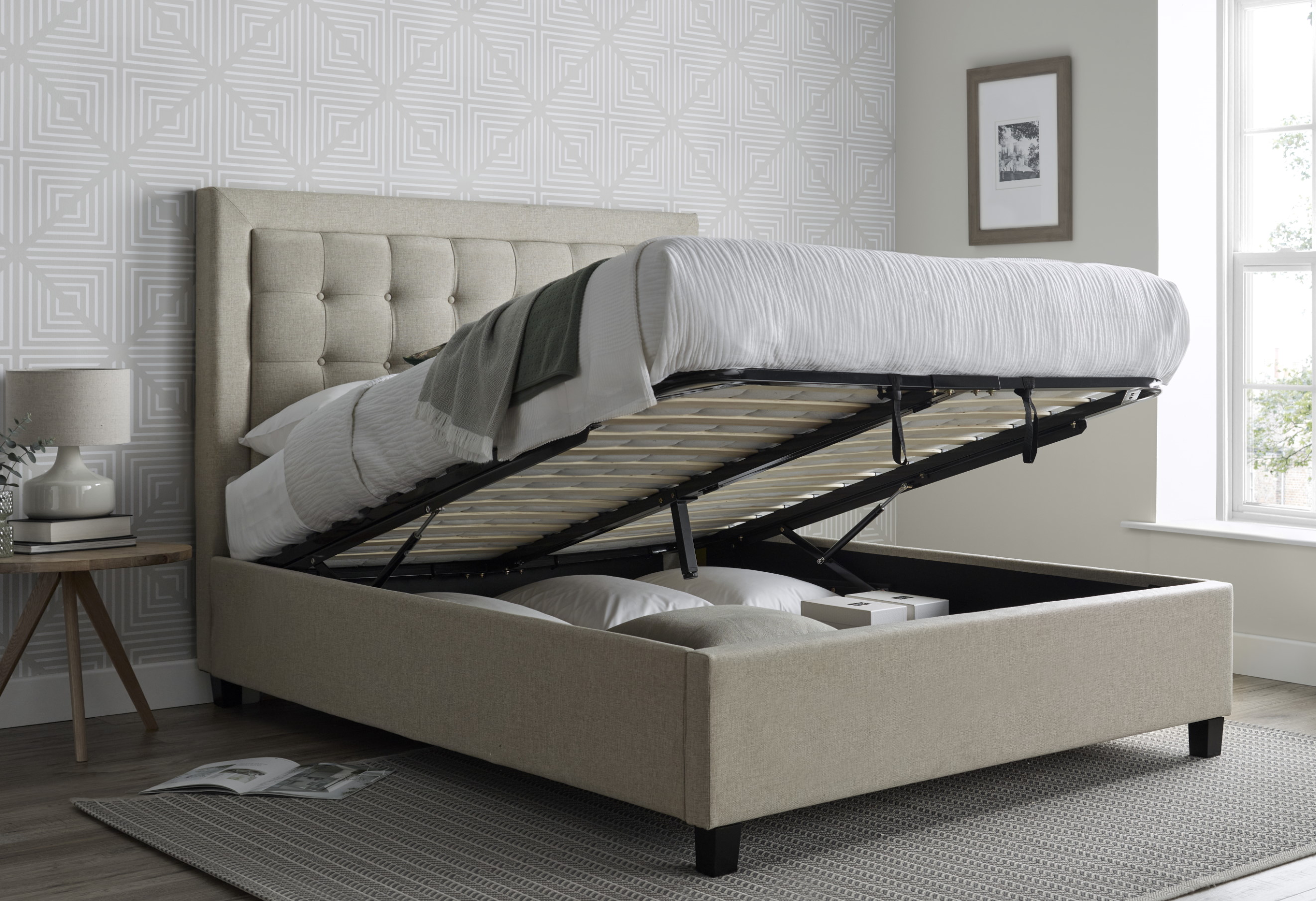 5ft King Size Oatmeal ottoman fabric upholstered,Square, buttoned storage gas lift up bed frame
