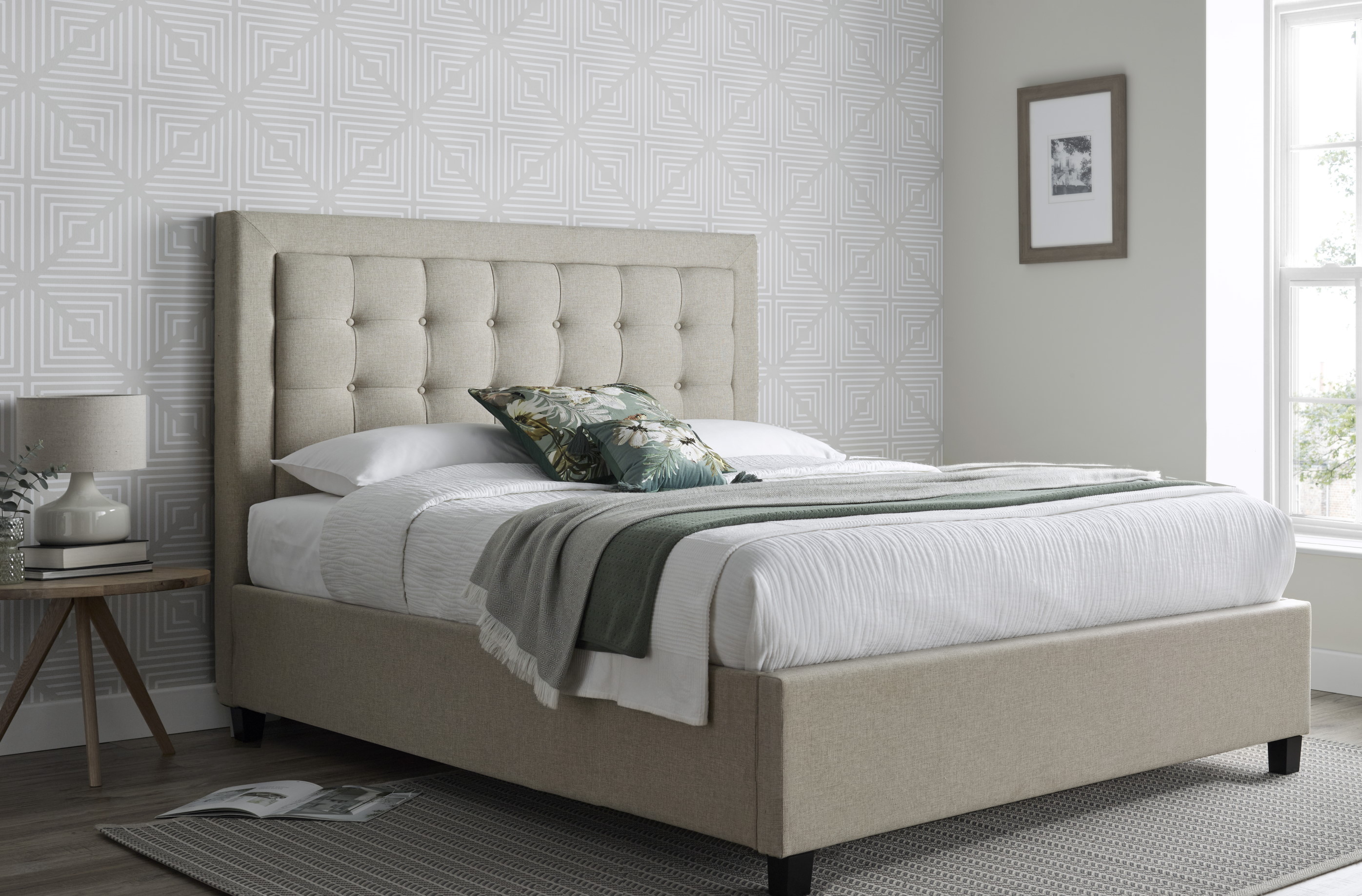 5ft King Size Oatmeal ottoman fabric upholstered,Square, buttoned storage gas lift up bed frame