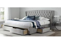 4ft6 Double Curved,buttoned,tall head end. Grey fabric upholstered drawer storage bed frame 1