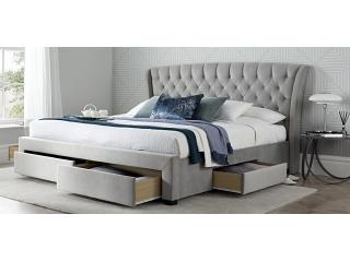 4ft6 Double Curved,buttoned,tall head end. Grey fabric upholstered drawer storage bed frame
